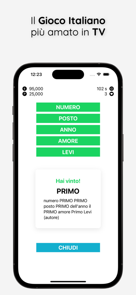 Pantalla de victoria del juego de asociación de palabras en italiano Parola Chiave que muestra la palabra clave resuelta 'Primo' conectando otras cinco palabras.