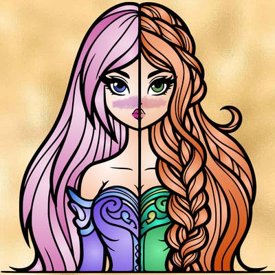 fantasy girl with long hair split into quarters