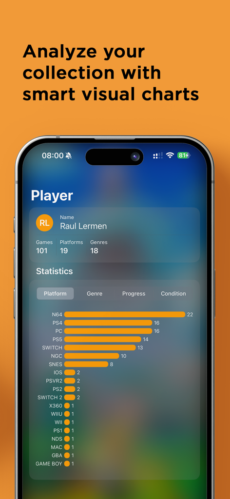 GameZ Collection - Ein Balkendiagramm, das Statistiken zur Spielsammlung nach Konsolenplattform anzeigt