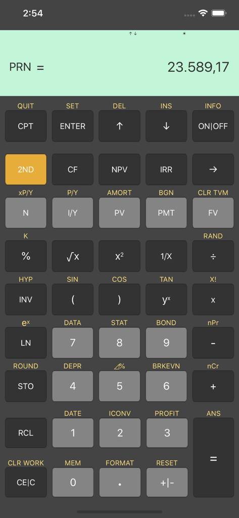 BA Plus Pro Calculator app interface emulating a Texas Instruments BA II Plus financial calculator