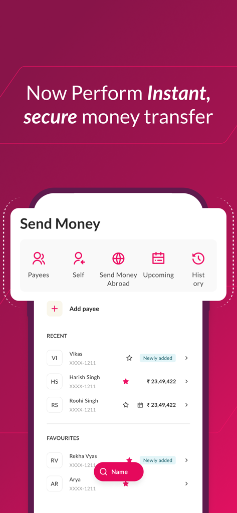 Axis Bank Mobile Banking - Send money interface of Axis Bank mobile app showing recent and favorite payees for instant transfers