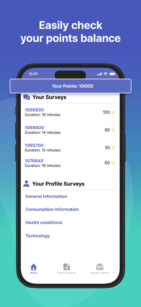 Interface móvel do aplicativo Ipsos iSay exibindo pesquisas disponíveis e o saldo de pontos de um usuário