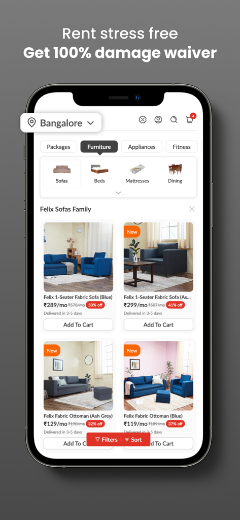 Rentomojoモバイルアプリインターフェース、月額価格と破損保証付きのレンタル用ソファの選択を表示。