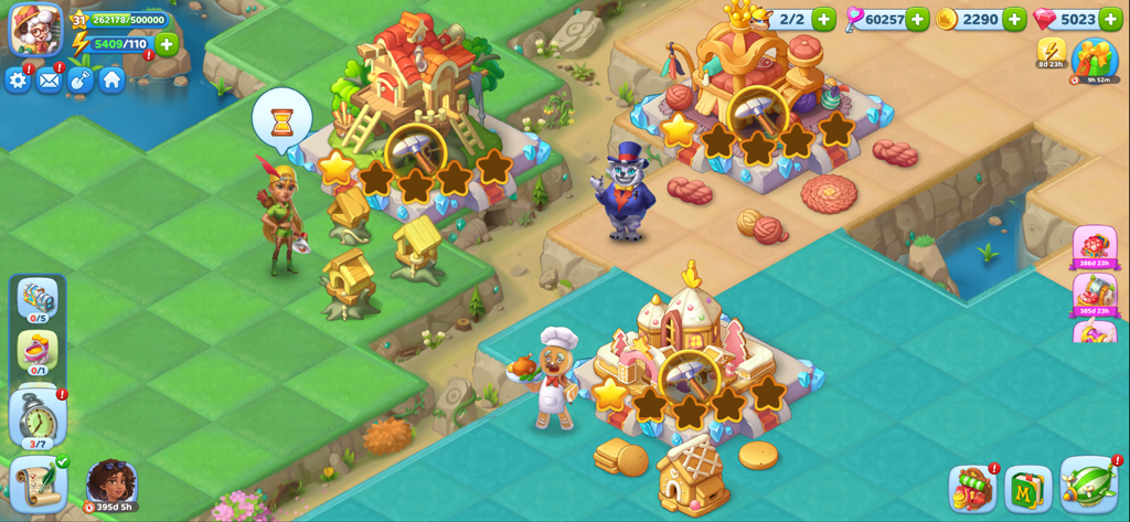 Merge Fables® - Merge Fablesのゲームプレイ画面、魔法の島のグリッド上にキャラクターと建物が表示されている