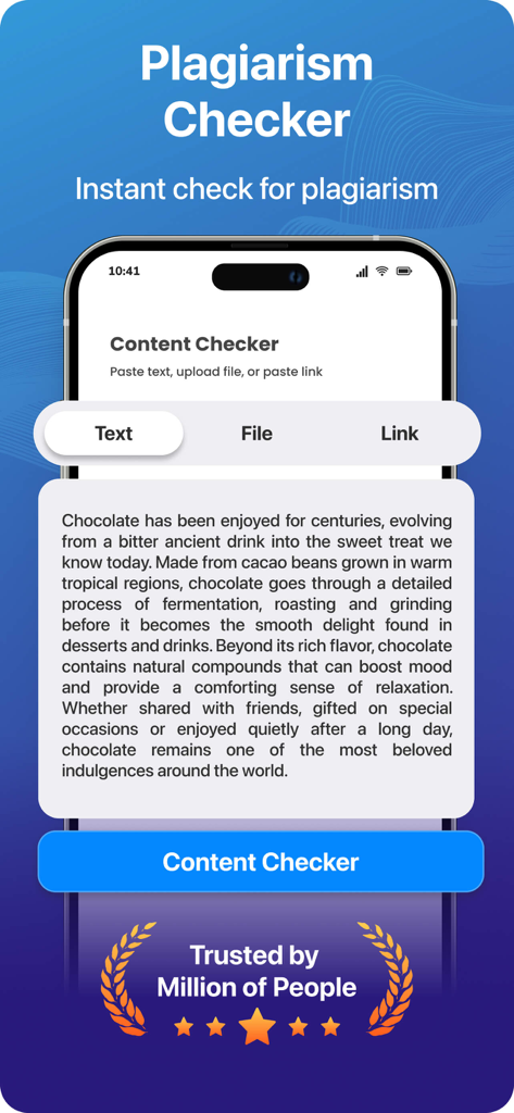 TurniTin Plagiarism Checker mobile app screen showing content checker with text input