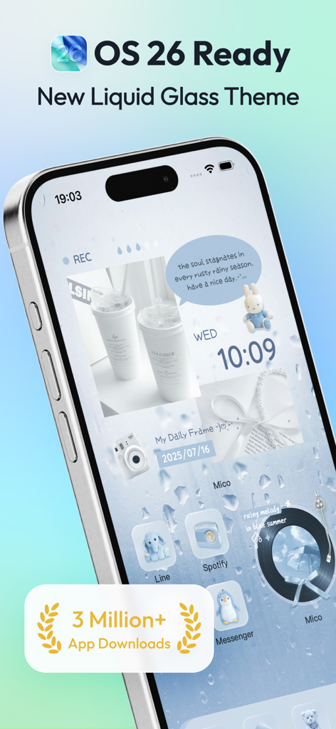 Mico - Widget & Live Wallpaper - Una pantalla de iPhone mostrando el tema Liquid Glass de la app Mico con widgets estéticos azules e iconos personalizados