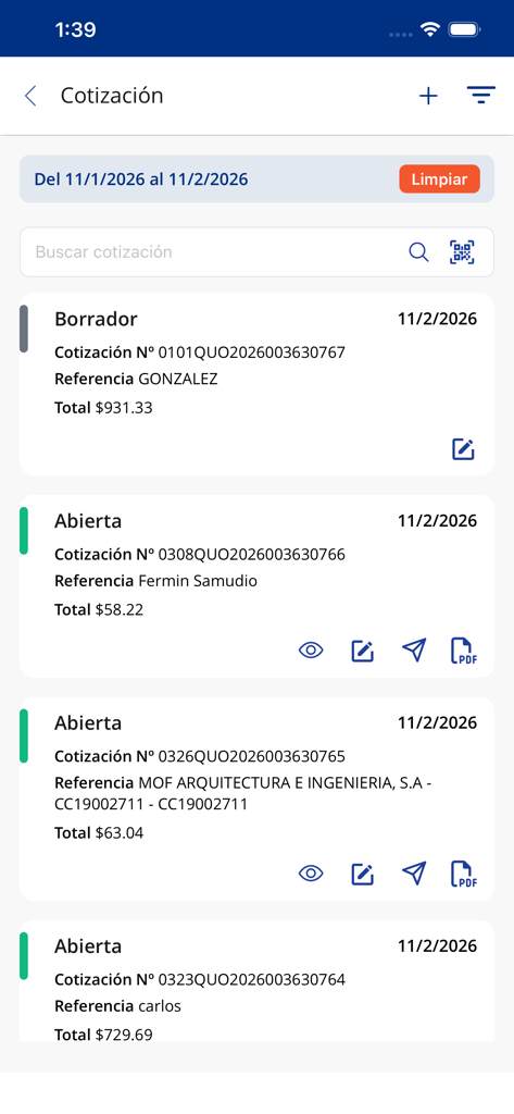 Elenco dei preventivi di vendita nell'app mobile Aludra Vendite Assistite.
