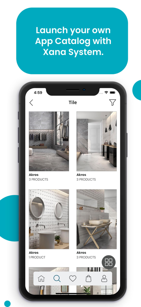 A smartphone screen displaying a digital product catalog for interior design tiles within the App Catalog Platform.