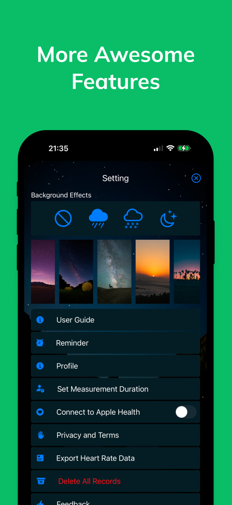 Measure Heart Rate - Settings menu of the Measure Heart Rate app displaying background customization and Apple Health synchronization options