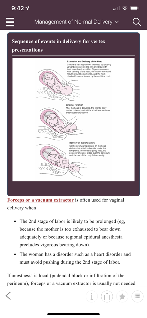 MSD Manual Guide to Obstetrics - Medical diagram of a normal delivery sequence in the MSD Manual app