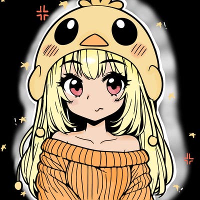 anime girl with chick shaped hat with sweater with bare shoulders with bangs covering them one eye with low tail