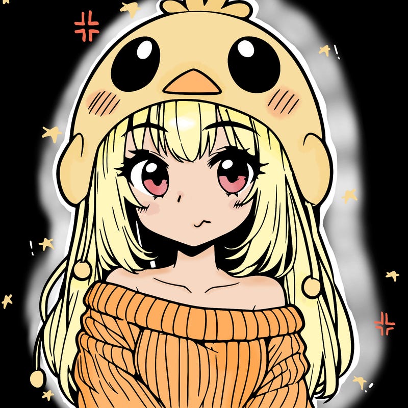 anime girl with chick shaped hat with sweater with bare shoulders with bangs covering them one eye with low tail