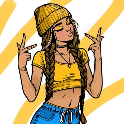 realistic teenage girl with braids and a beanie and crop top doing 🫶🏼