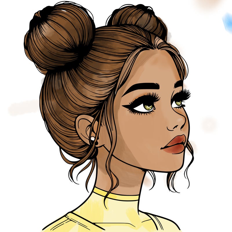 realistic girl with buns on the top of her head