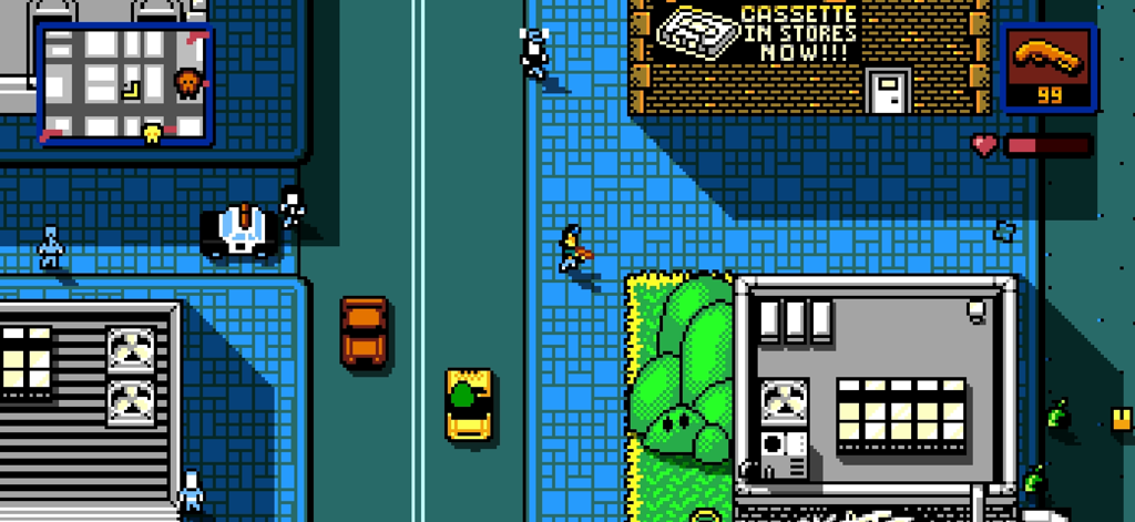 Top-Down-Pixel-Art-Gameplay von Retro City Rampage DX, das Stadtstraßen und Autos zeigt