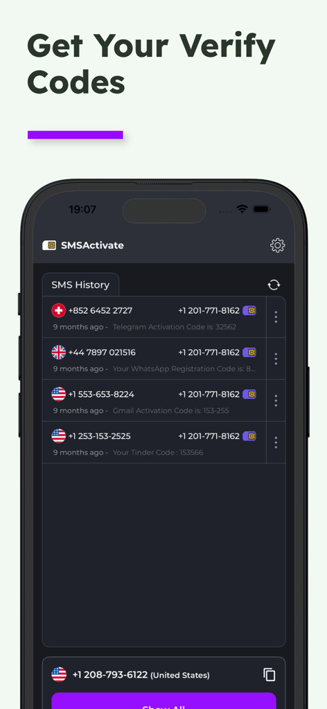 Pantalla de historial de SMS mostrando códigos de verificación para WhatsApp, Telegram y Tinder desde números de teléfono virtuales.