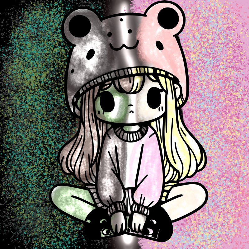 a girl wearing a frog hat and some frog socks