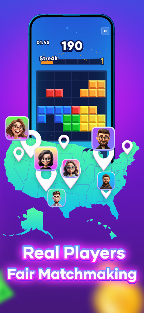 A mobile game screen showing a block puzzle above a map of the USA with diverse player avatars representing real-time fair matchmaking.