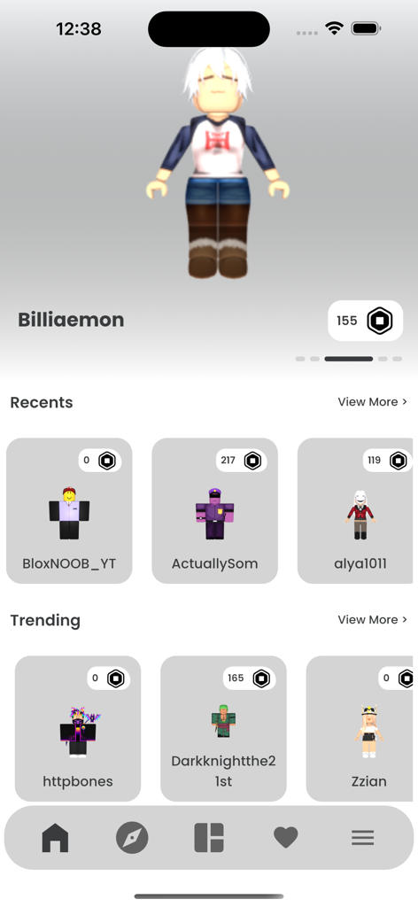 Tela inicial do app Ideias de Outfits para Roblox exibindo outfits de avatar recentes e em alta selecionados com seus preços em Robux.