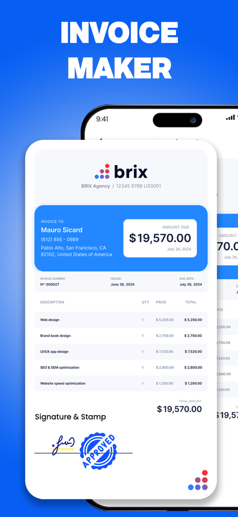 Una factura profesional creada en una aplicación móvil con una firma digital y un sello de aprobado.