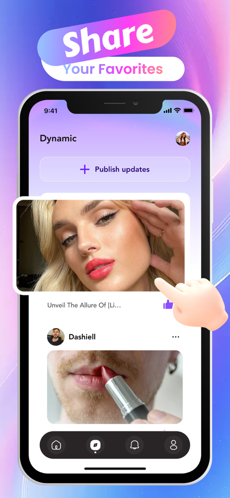 Amor: Live, Video, Call - Interfaccia mobile dell'app Amor che mostra un feed social dove gli utenti condividono prove di rossetti e recensioni di bellezza