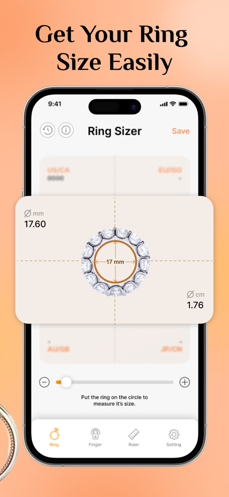 Ring Sizer - Measure Ring Size - Interface of the Ring Sizer app measuring a diamond ring diameter on an iPhone screen