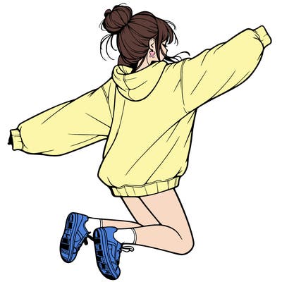 realistic girl jumping with a bun and oversized sweatshirt