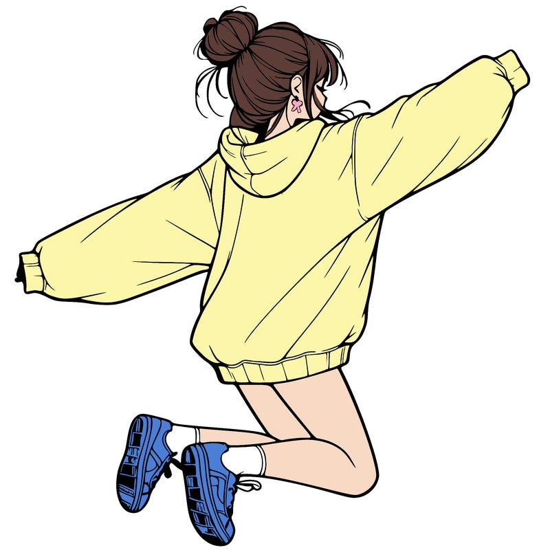 realistic girl jumping with a bun and oversized sweatshirt