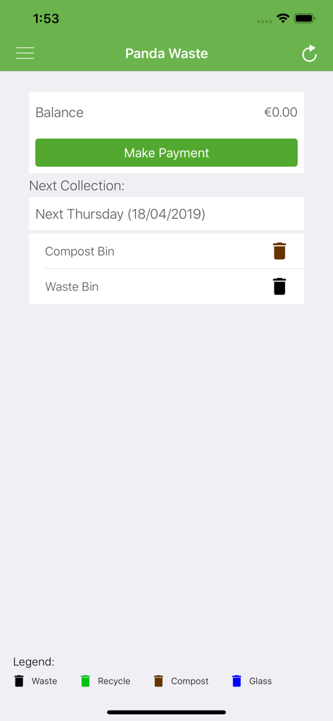 Panda Waste - Panda Waste app dashboard showing account balance and next bin collection schedule
