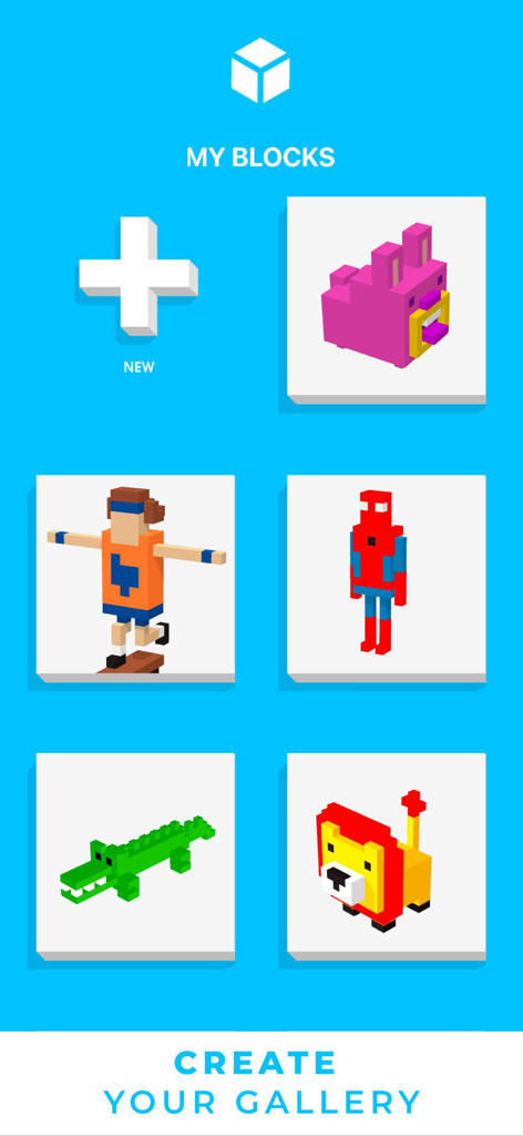 Gallery screen of Tayasui Blocks showing various 3D models like a lion and a crocodile.