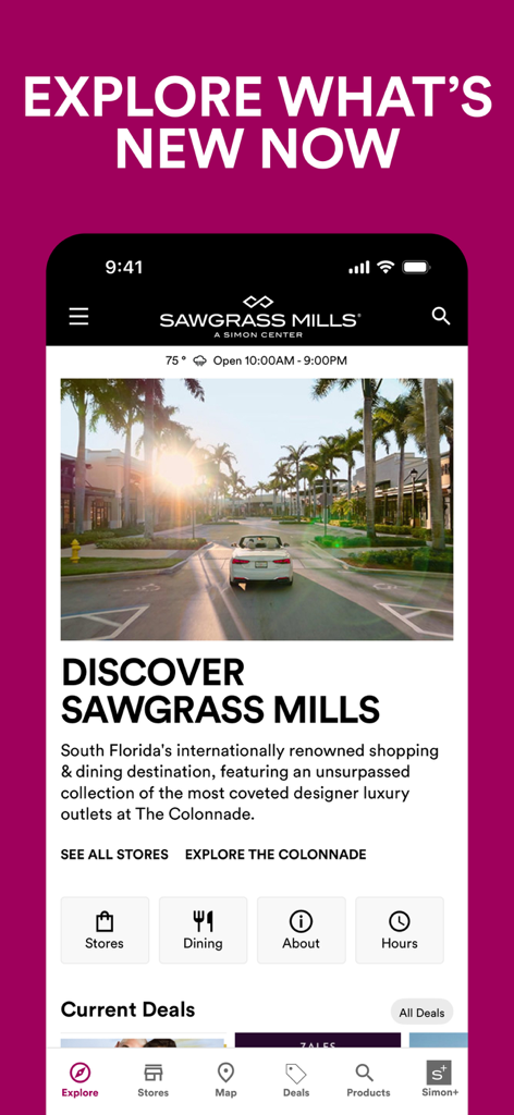 SIMON: Malls, Mills & Outlets - Uma interface de aplicativo móvel para Simon Malls mostrando a localização Sawgrass Mills com opções de lojas, restaurantes e mapas