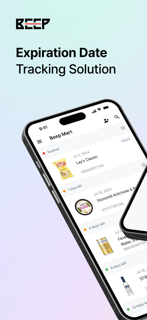 BEEP app interface on a smartphone screen showing a list of grocery items with their respective expiration dates and status labels like expired or days remaining