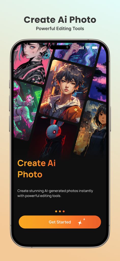 Create AI - Écran d'accueil de l'application Create AI présentant une variété d'avatars d'anime générés par IA et un bouton de démarrage.