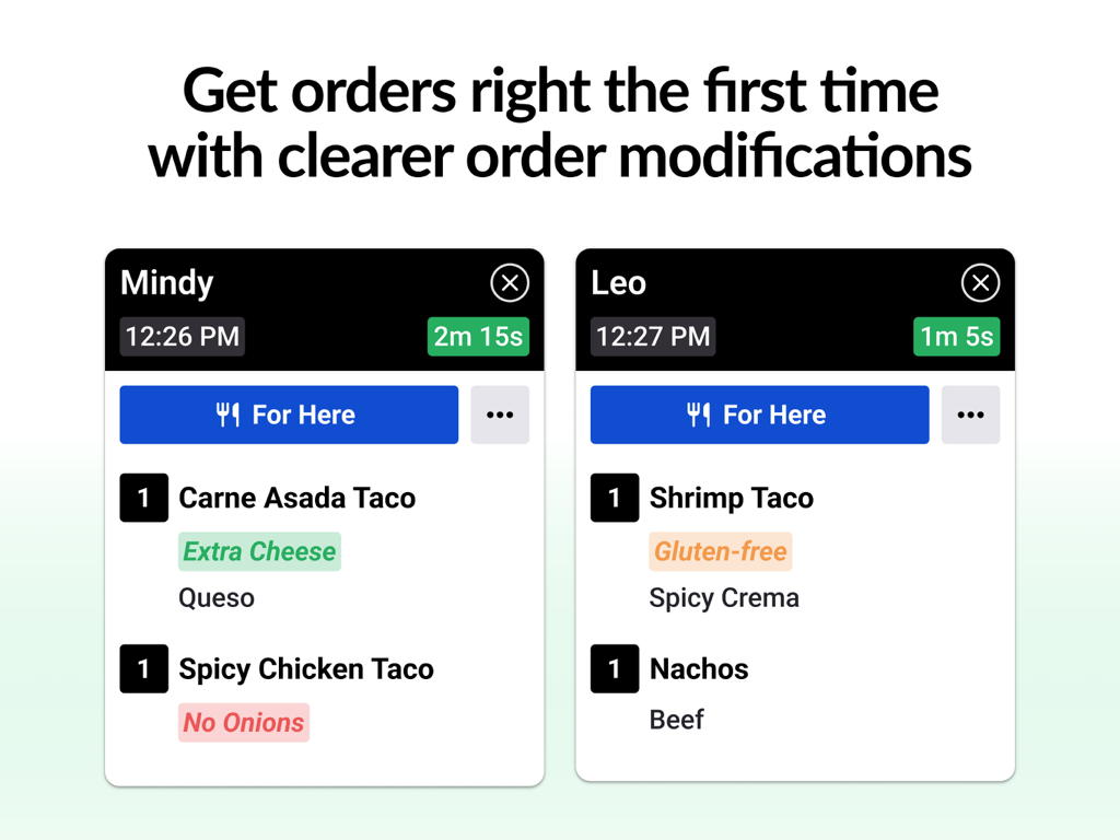 Fresh KDS | #1 Kitchen Display - A digital kitchen display screen showing two restaurant tickets with clearly highlighted order modifications like gluten free and extra cheese.