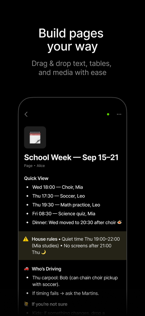 Interfaccia mobile dell'app Anytype che mostra una pagina personalizzata del programma settimanale scolastico in modalità scura.