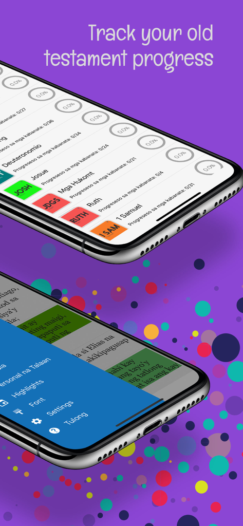 Interface of the Ang Dating Biblia app showing Old Testament reading progress tracking and a side menu with customization settings