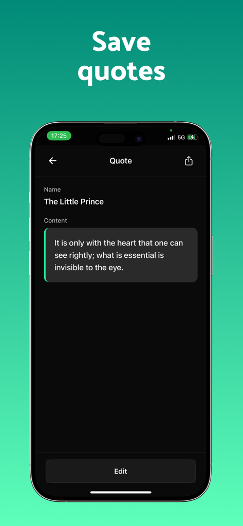 Smartphone screen showing the Book Quote Scanner app displaying a saved quote from The Little Prince