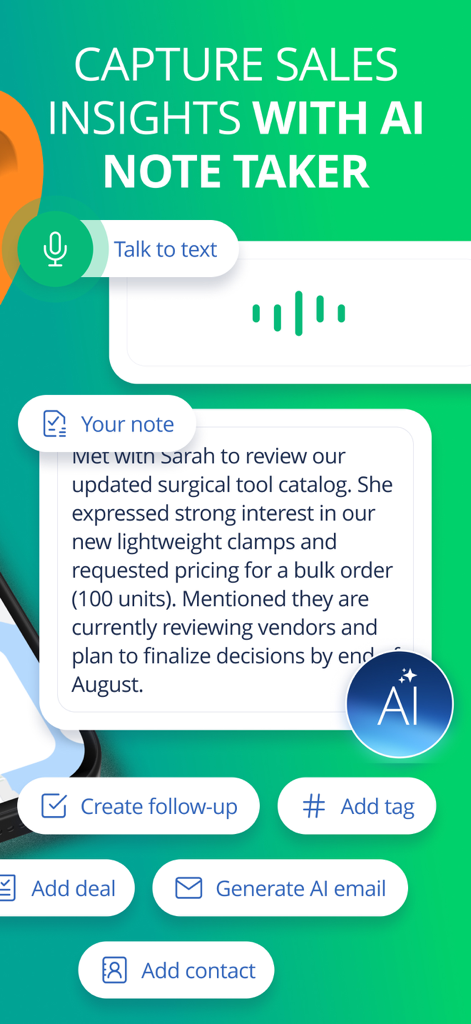 Interfaz de RepMove que muestra la función de toma de notas de voz a texto por IA para representantes de ventas de campo