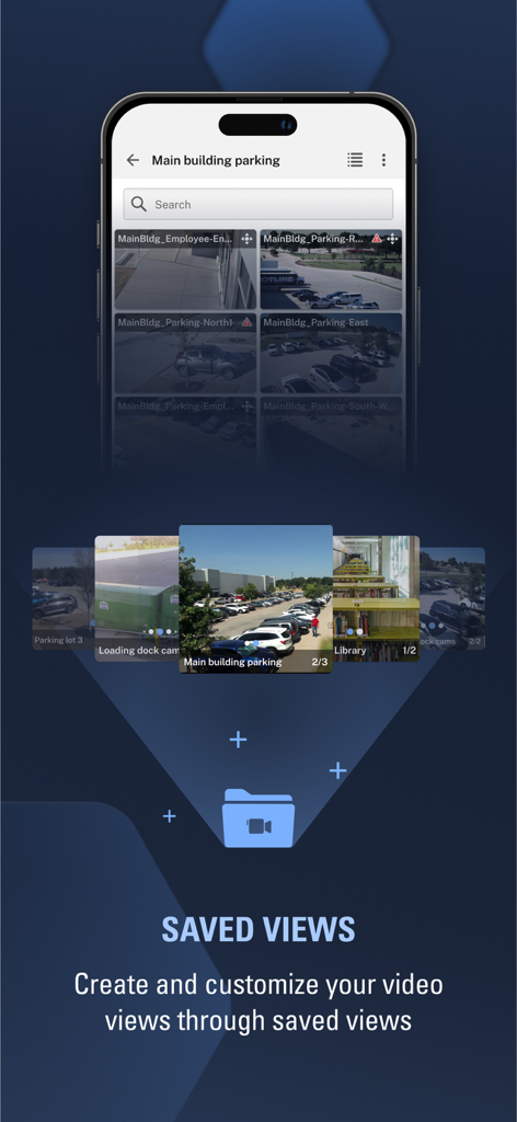 Avigilon Unity Video - Avigilon Unity Video app interface showing the saved views feature with multiple security camera feeds on a smartphone screen