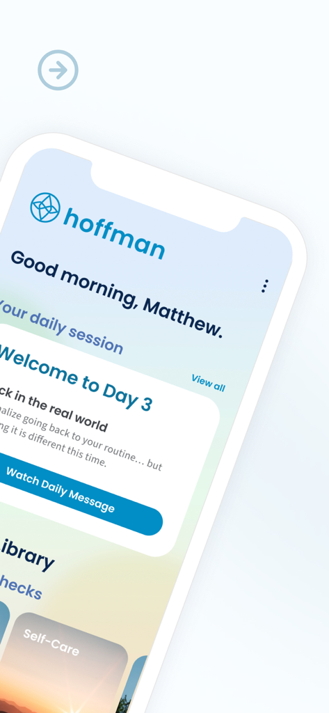 Pantalla de inicio personalizada de la app Hoffman Daily Practice con un botón de mensaje diario y herramientas de mindfulness.
