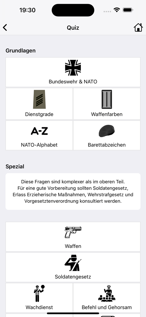 BLexi – Bundeswehr-Lexikon - Quiz menu screen of the BLexi app featuring various Bundeswehr knowledge categories