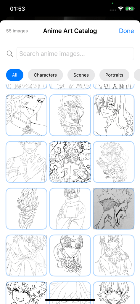 Anime drawing Trace Art - A catalog of anime line art characters and scenes available for tracing in the app.