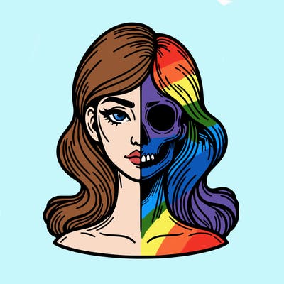 bust of a woman, half face and hair, half skull