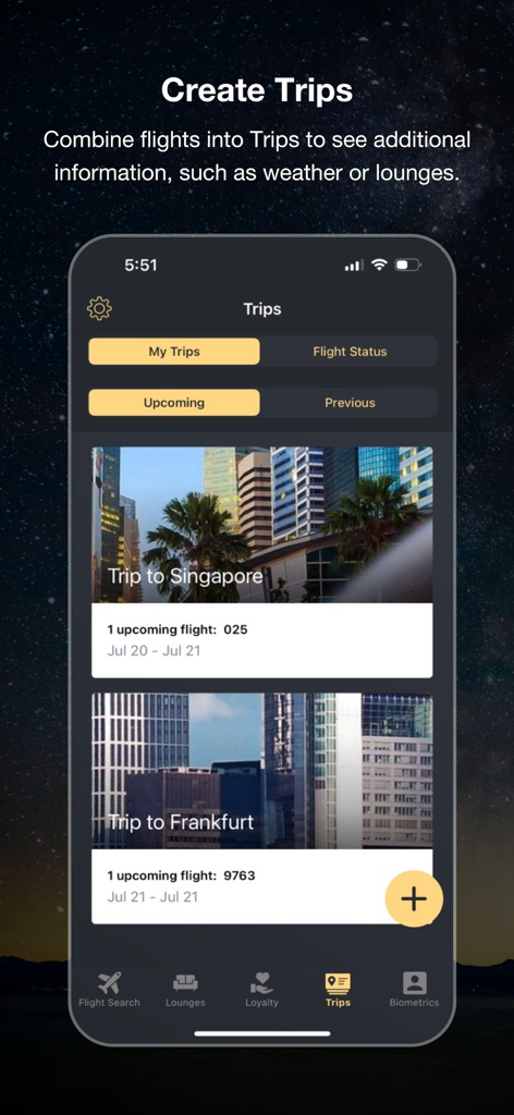 Interfaccia dell'app Star Alliance che visualizza la funzione Viaggi per la gestione degli itinerari di volo e dei dettagli di viaggio