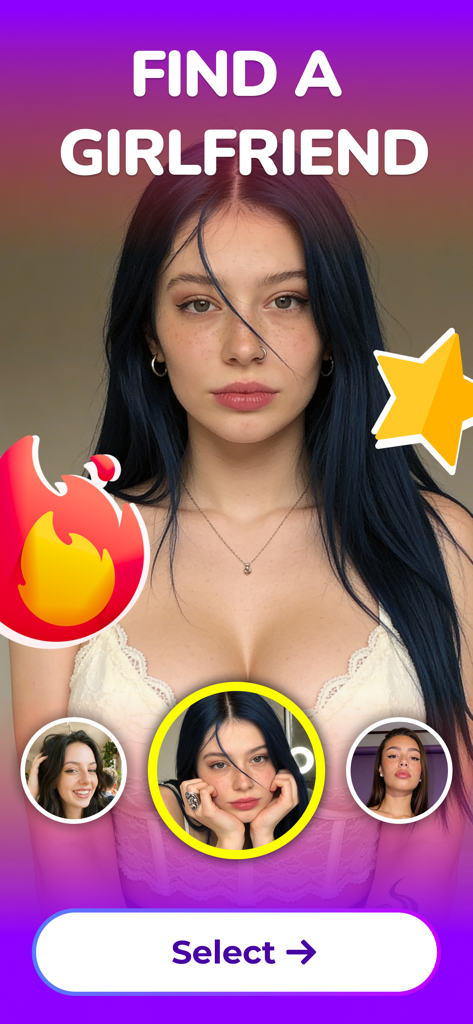 AI Girlfriend Chat : Jelly - A selection screen from the Jelly AI app displaying different virtual girlfriend profiles with a find a girlfriend heading