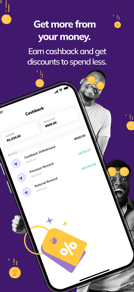 Kuda - Free transfer & payment - The Kuda banking app interface displaying the cashback rewards and transaction history.