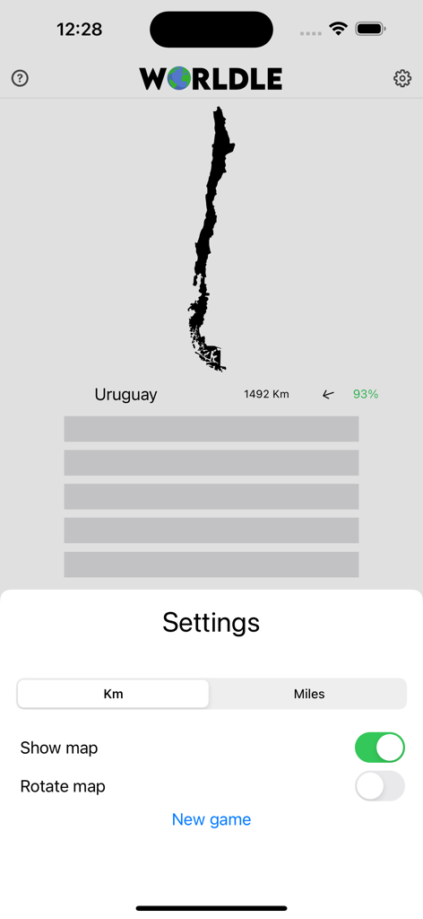Gameplay screen of Worldle showing a country silhouette guess and open settings menu.
