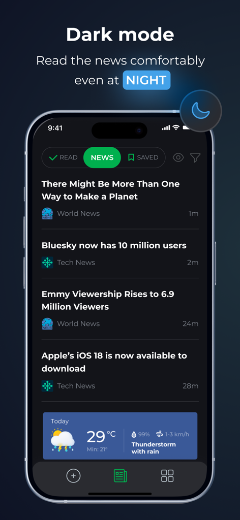 follow.it - Interface de l'application d'actualités follow.it affichant des articles en mode sombre pour une lecture nocturne confortable.