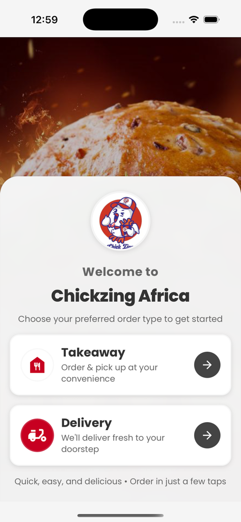 Chick Zing - Pantalla de bienvenida de la aplicación Chick Zing Africa mostrando opciones de pedido para llevar y a domicilio