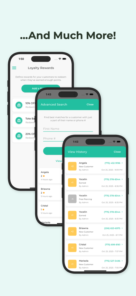 Snap Loyalty App-Bildschirme zur Verwaltung von Kundenbelohnungen und Anzeige des Aktivitätsverlaufs